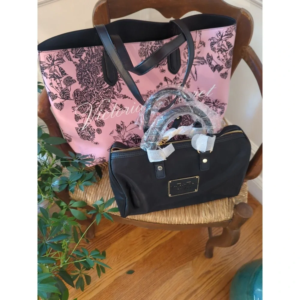 Two Victoria's Secret Handbags New Black Satchel and Pre Loved Lg Pink Tote Bag